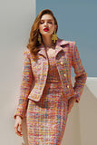 Sunset 2 Piece Tweed Pencil Notched Lapel Midi Pageant Entrevista Outfits com mangas