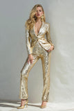 Sparkly Golden 2 Peças Sequins Notched Lapela Mulheres Prom Suits