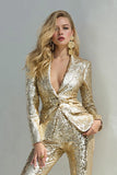 Sparkly Golden 2 Peças Sequins Notched Lapela Mulheres Prom Suits