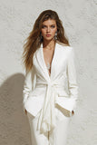 Branco 2 peças Notched lapela Ruched ternos de negócios com sash