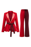 2-Piece vermelho patchwork Notched lapela mulheres ternos de baile com cinto