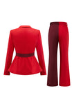 2-Piece vermelho patchwork Notched lapela mulheres ternos de baile com cinto