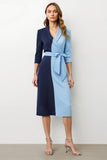 Azul Marinho Patchwork Pico Lapela Midi Blazer Vestido com Arco