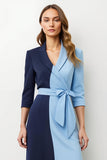 Azul Marinho Patchwork Pico Lapela Midi Blazer Vestido com Arco