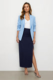 Lápis Azul Marinho 2 Peças Notched Lapela Long Business Suits com Fenda