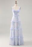 Flor azul babado estampado uma linha longa vestido de casamento convidado