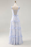 Flor azul babado estampado uma linha longa vestido de casamento convidado