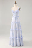 Flor azul babado estampado uma linha longa vestido de casamento convidado