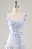 Flor azul babado estampado uma linha longa vestido de casamento convidado