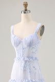 Flor azul babado estampado uma linha longa vestido de casamento convidado