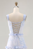 Flor azul babado estampado uma linha longa vestido de casamento convidado