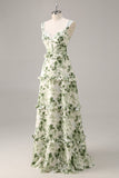 Espartilho de flor verde Um vestido de dama de honra linha com babados