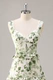 Espartilho de flor verde Um vestido de dama de honra linha com babados