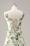 Espartilho de flor verde Um vestido de dama de honra linha com babados