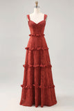 Terracota floral babado uma linha longo vestido de noiva convidado