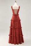 Terracota floral babado uma linha longo vestido de noiva convidado