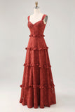 Terracota floral babado uma linha longo vestido de noiva convidado