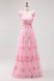Blush Floral Impresso Uma Linha Tulle Longo Vestido Madrinha com Folhos