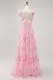 Blush Floral Impresso Uma Linha Tulle Longo Vestido Madrinha com Folhos