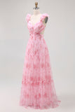 Blush Floral Impresso Uma Linha Tulle Longo Vestido Madrinha com Folhos