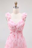 Blush Floral Impresso Uma Linha Tulle Longo Vestido Madrinha com Folhos
