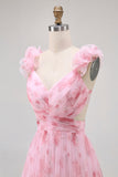 Blush Floral Impresso Uma Linha Tulle Longo Vestido Madrinha com Folhos