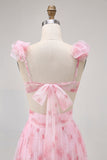 Blush Floral Impresso Uma Linha Tulle Longo Vestido Madrinha com Folhos