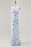 Azul Flores Decote Redondo Bainha Longos Vestido Para Casamento Convidada
