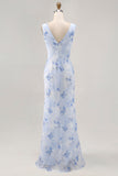 Azul Flores Decote Redondo Bainha Longos Vestido Para Casamento Convidada