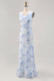 Azul Flores Decote Redondo Bainha Longos Vestido Para Casamento Convidada