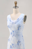Azul Flores Decote Redondo Bainha Longos Vestido Para Casamento Convidada