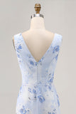 Azul Flores Decote Redondo Bainha Longos Vestido Para Casamento Convidada
