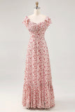 Blush Flor Impresso Ruched Uma Linha Vestido de Noiva Convidado com Fenda