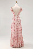 Blush Flor Impresso Ruched Uma Linha Vestido de Noiva Convidado com Fenda