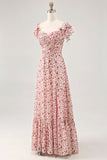 Blush Flor Impresso Ruched Uma Linha Vestido de Noiva Convidado com Fenda