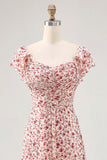 Blush Flor Impresso Ruched Uma Linha Vestido de Noiva Convidado com Fenda
