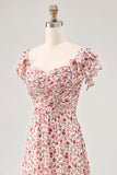 Blush Flor Impresso Ruched Uma Linha Vestido de Noiva Convidado com Fenda