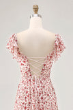 Blush Flor Impresso Ruched Uma Linha Vestido de Noiva Convidado com Fenda