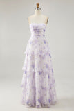 Flor de lavanda em camadas Uma linha sem alças plissado vestido de dama de honra