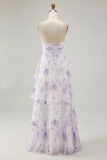 Flor de lavanda em camadas Uma linha sem alças plissado vestido de dama de honra