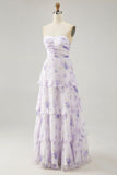 Flor de lavanda em camadas Uma linha sem alças plissado vestido de dama de honra