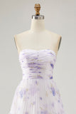 Flor de lavanda em camadas Uma linha sem alças plissado vestido de dama de honra