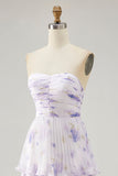 Flor de lavanda em camadas Uma linha sem alças plissado vestido de dama de honra