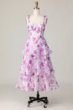 Roxa Floral Linha-A Babados Longos Vestidos Para Casamento Convidada