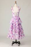 Roxa Floral Linha-A Babados Longos Vestidos Para Casamento Convidada
