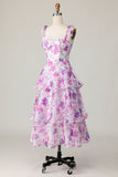 Roxa Floral Linha-A Babados Longos Vestidos Para Casamento Convidada