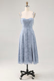 Dusty Blue A Line Midi Spaghetti Straps Vestido de Noiva com Fenda