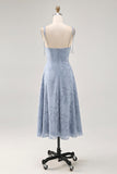 Dusty Blue A Line Midi Spaghetti Straps Vestido de Noiva com Fenda