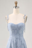 Dusty Blue A Line Midi Spaghetti Straps Vestido de Noiva com Fenda