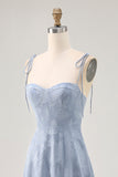 Dusty Blue A Line Midi Spaghetti Straps Vestido de Noiva com Fenda